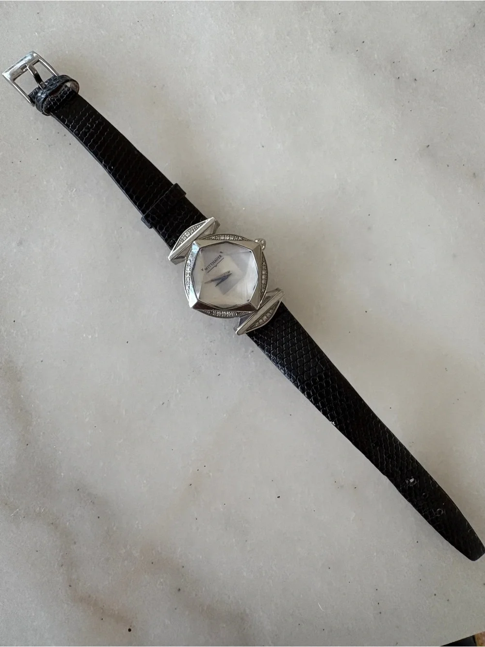 Wittnauer Silver Geometric Case Watch with Crystals and Black Leather Strap